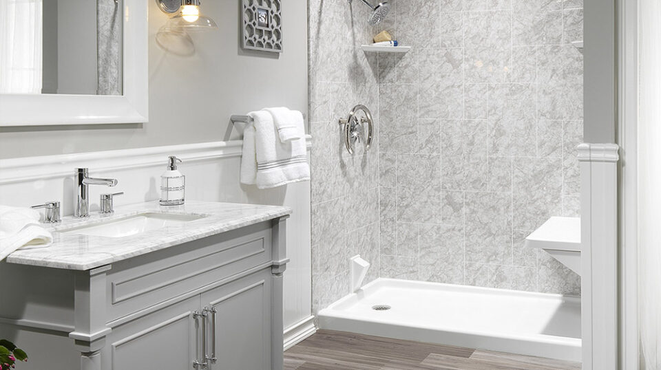 Modern bathroom with marble shower and vanity