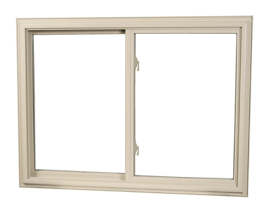 Beige sliding window frame, double pane design.