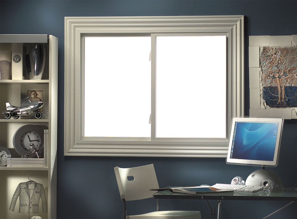 Modern office window and desk setup.