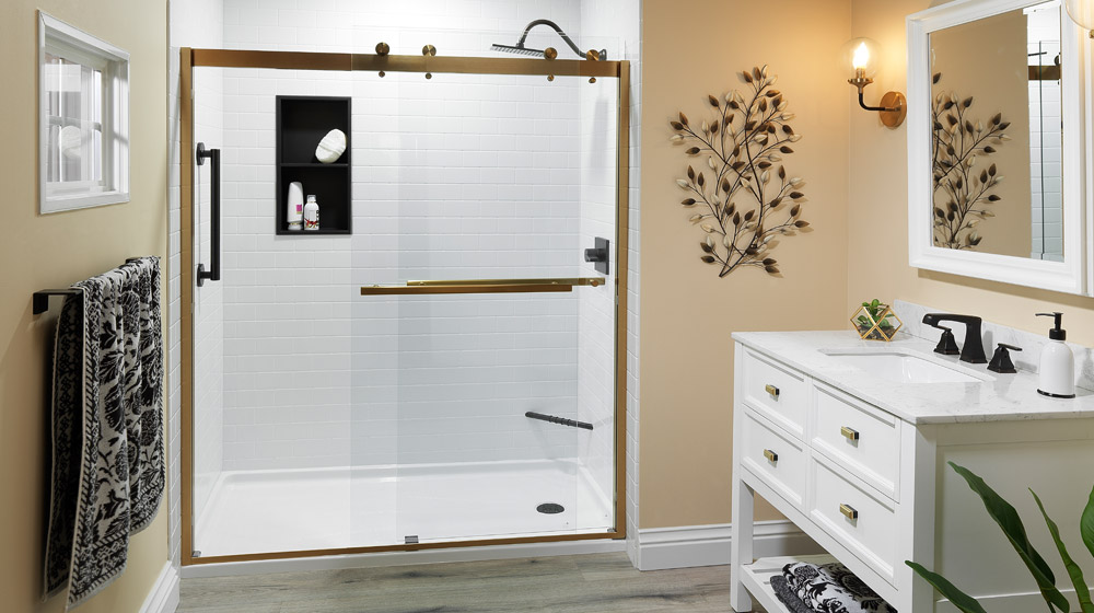 Modern blue house with large windows at dusk.