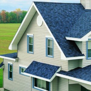 House with blue shingle roof and beige siding.